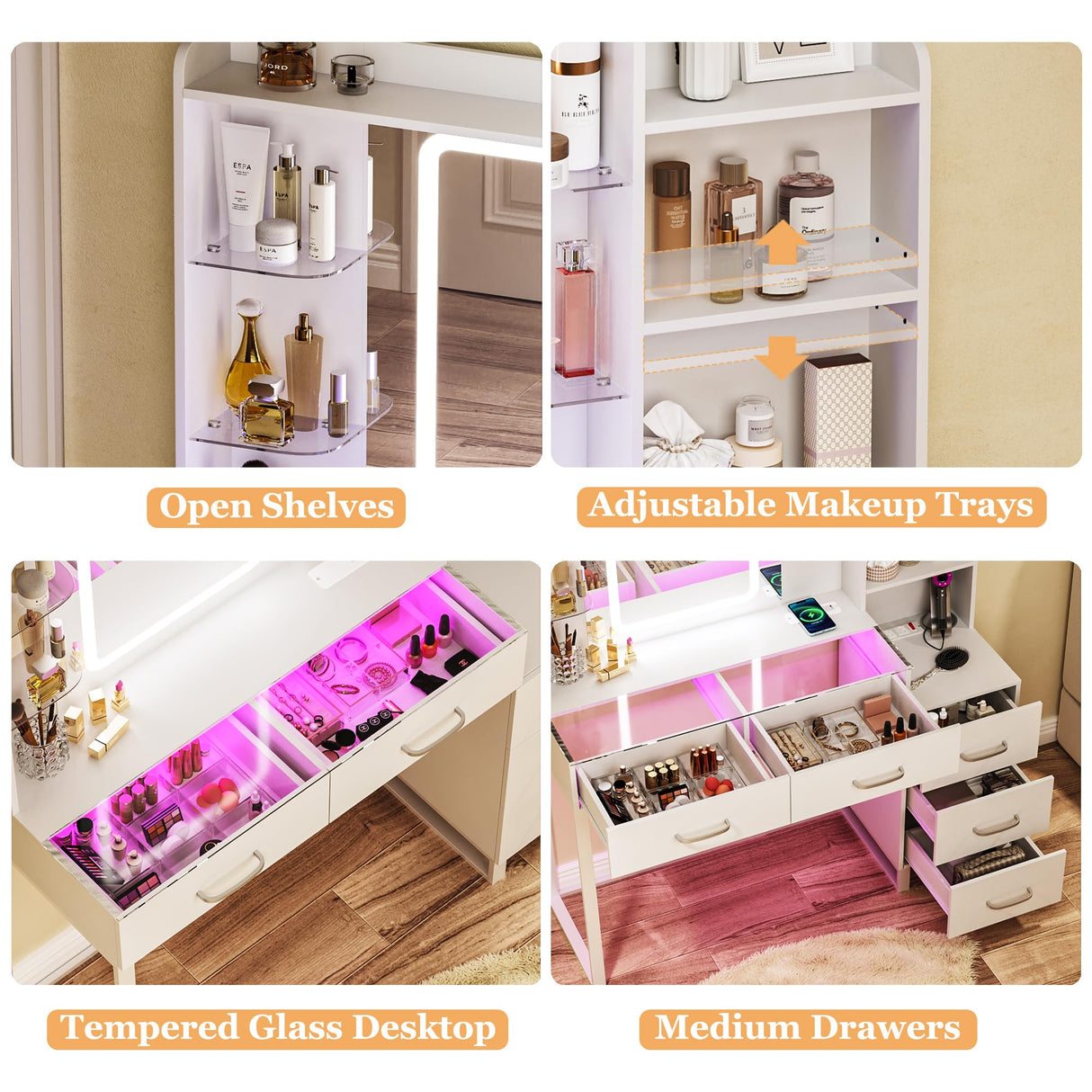 HUAHUU Vanity Desk with Mirror and LED Lights, 57.5" Makeup Vanity with Glass Top & Wireless Charging, Vanity with RGB Drawers, 3 Colors Light, Power Outlet Safety Switch for Bedroom, White HUAHUU