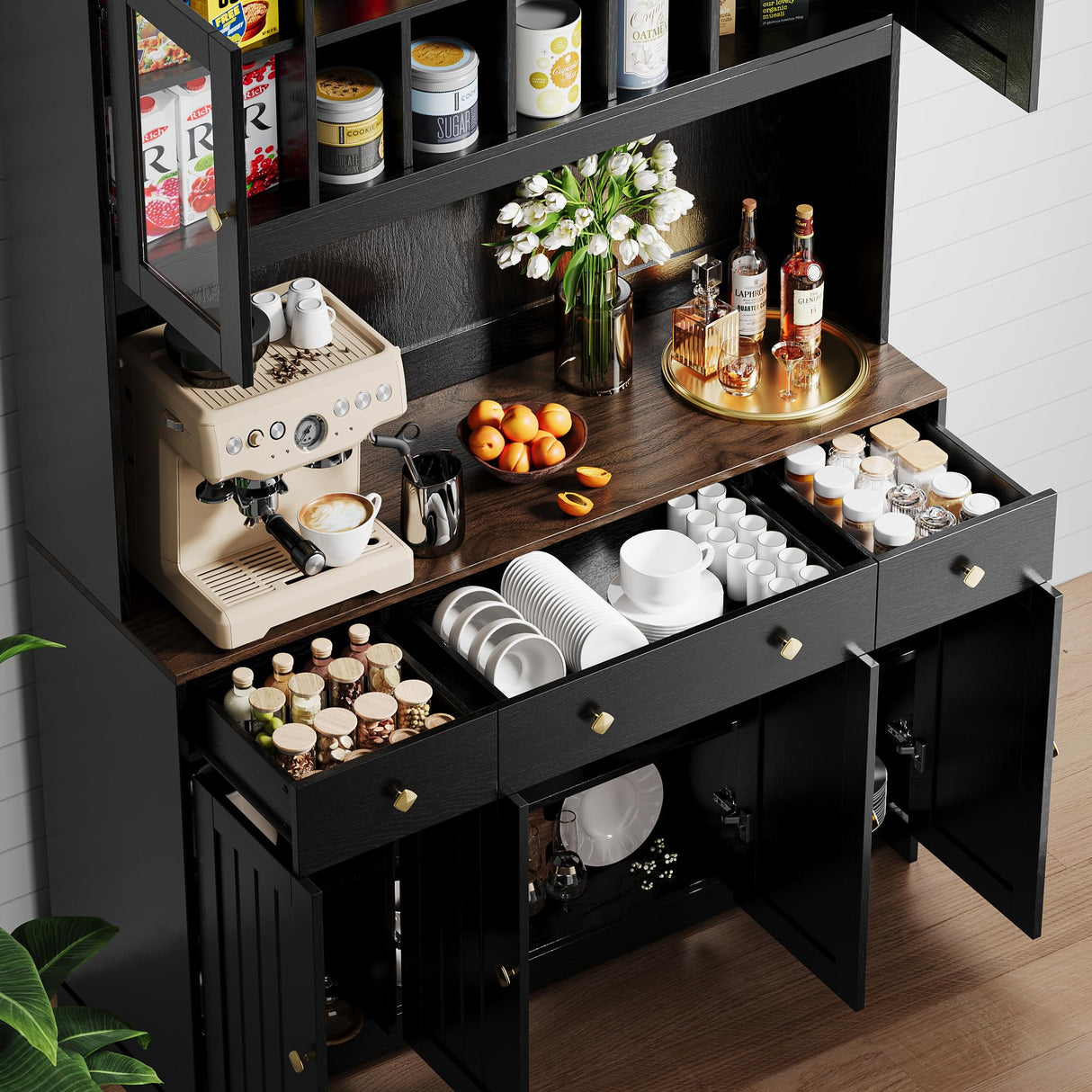 71" Tall 4-Door Kitchen Pantry Cabinet with Built-in Power Outlet- Freestanding Storage Hutch, Large Microwave Cabinet, Modern Farmhouse Design (Black) Oxirth