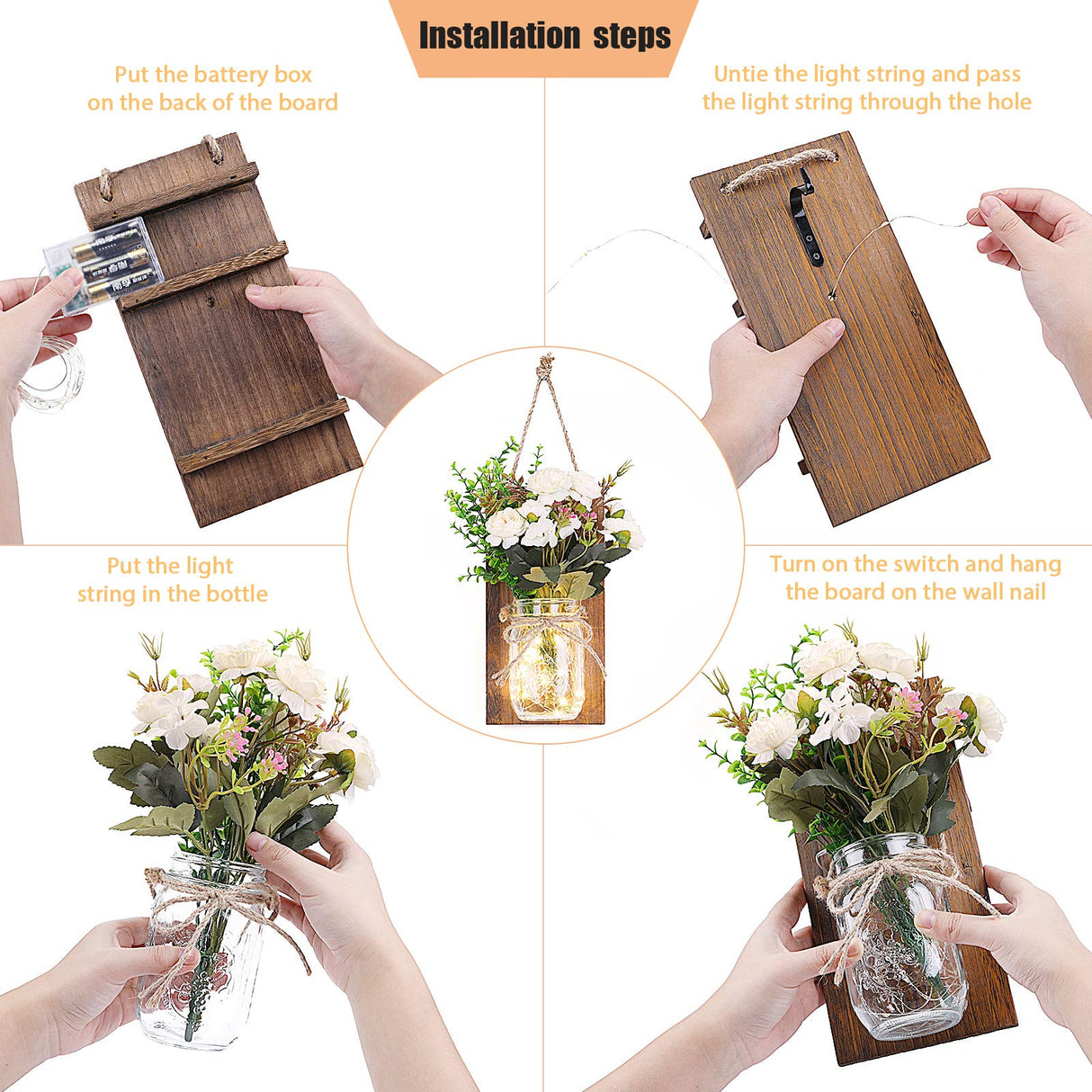 Lightess Wall Decor Mason Jar Sconces with Remote Control, Rustic Home Decor Wall LED Fairy Lights with White Rose, Farmhouse Wall Decorations Lights Set of Two for Dining Room Living Room Lightess