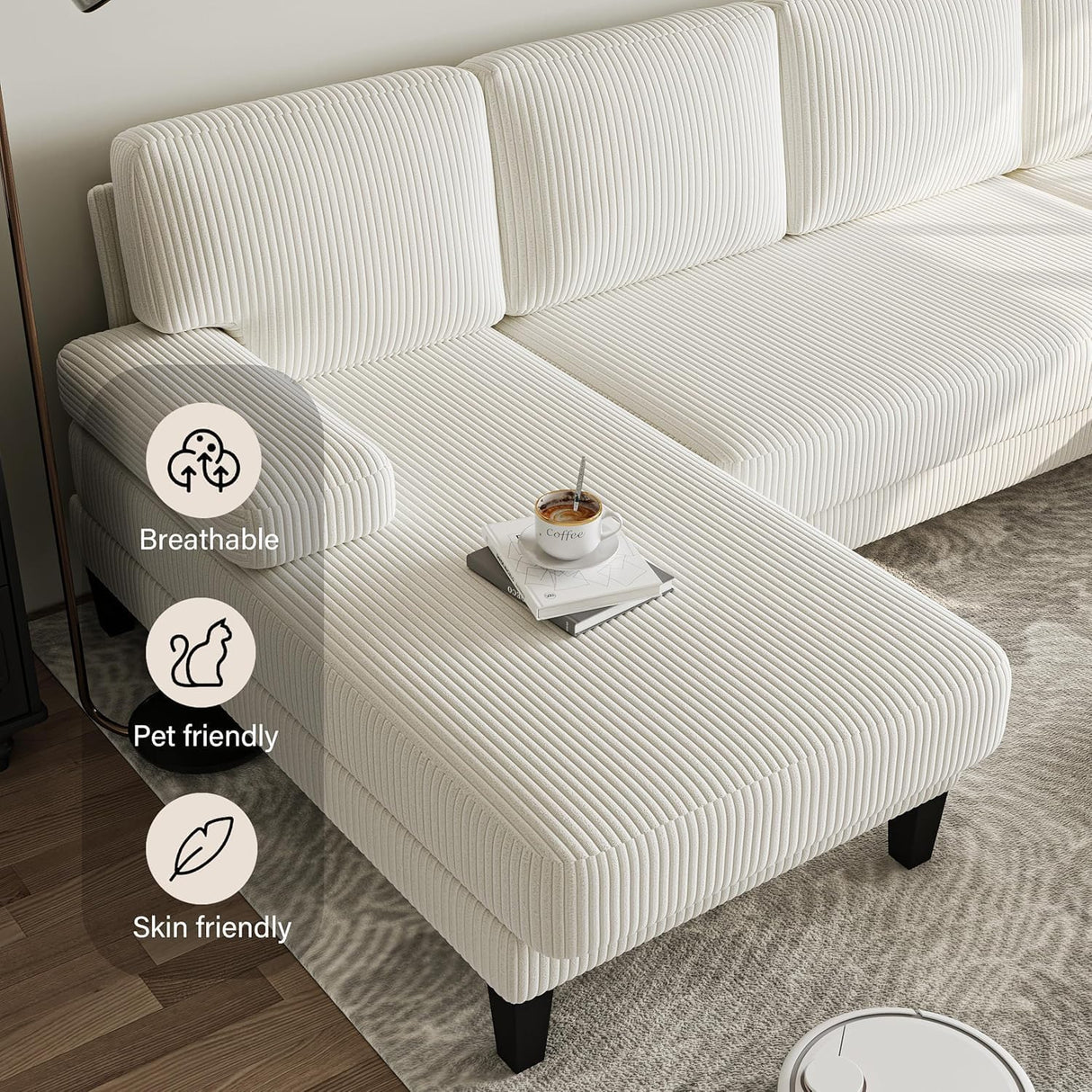 112'' Corduroy U Shaped Couch with Sleeper Lounge Chaise, 4 Seat Modern Comfy Sectional Sofa Couches for Living Room Spacious Space Apartment Office (112‘’ Corduroy White) ASAHREE