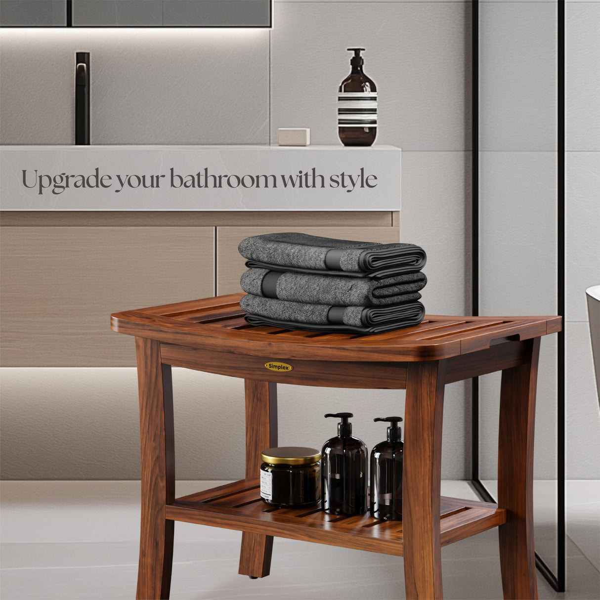 Simplex Teak Shower Bench, Fully Assembled Shower Stool, Water-Resistant Spa Seat, 20.8 Inch Non Slip Shower Bench, Indoor & Outdoor Use SIMPLEX