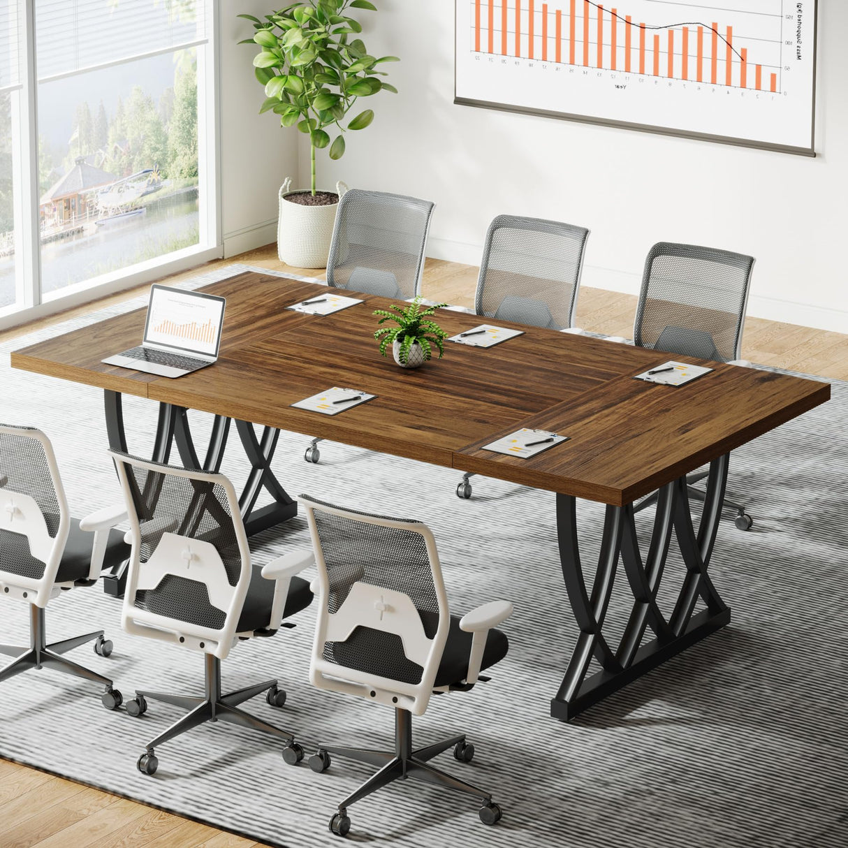 Tribesigns 6 ft Conference Table for 6-8 People, 70.86-Inch Rectangle Conference Table Meeting Seminar Table with Unique Curved Metal Support for Home Office (Without Chair, Retro Brown & Black) Tribesigns