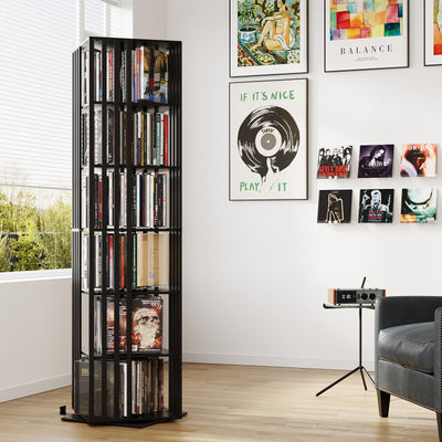 Espelism 6 Tier Rotating Bookshelf, 360° Spinning Narrow Bookcase Tower, Space Saving Floor Standing Wood Shelf & CD Organizer for Small Spaces, Bedroom, Living Room, Office (Black, 6-Tier)