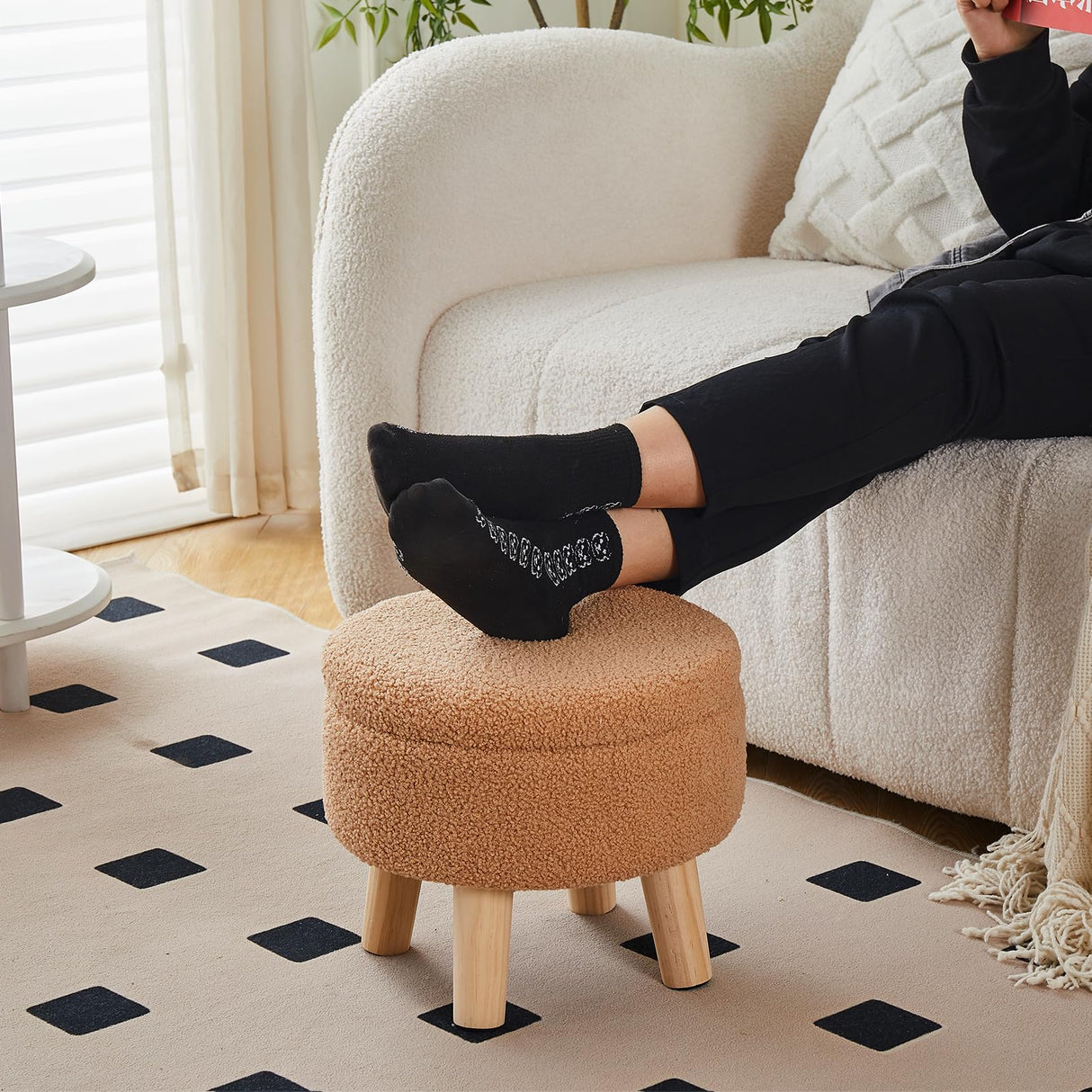 Wimarsbon Storage Ottoman, Modern Round Footrest with Soft Padded Seat, Teddy Velvet Footstool with Wood Legs, Accent Small Table or Plant Stand for Hallway, Living Room (Champagne) Wimarsbon