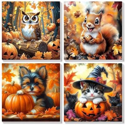 Bowetile 4 Pack Fall Framed Paint by Numbers for Adults Beginners, Easy Adults' Paint-by-Number Kits on Canvas, Acrylic Animals Number Painting Crafts Kits Halloween Gifts for Home Decor, 8x8in