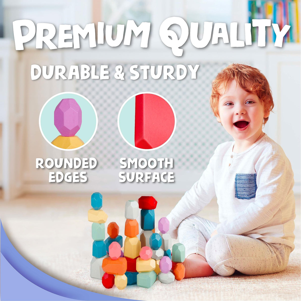 BUNMO Wooden Blocks - Stacking Rocks 40pcs - Montessori Toys for 3 Year Old - Stimulating Creative & Imaginative Play - Wood Blocks Stacking Toys - Toys for 3 Year Old Boy or Girl - Non-Mouthable Toy BUNMO