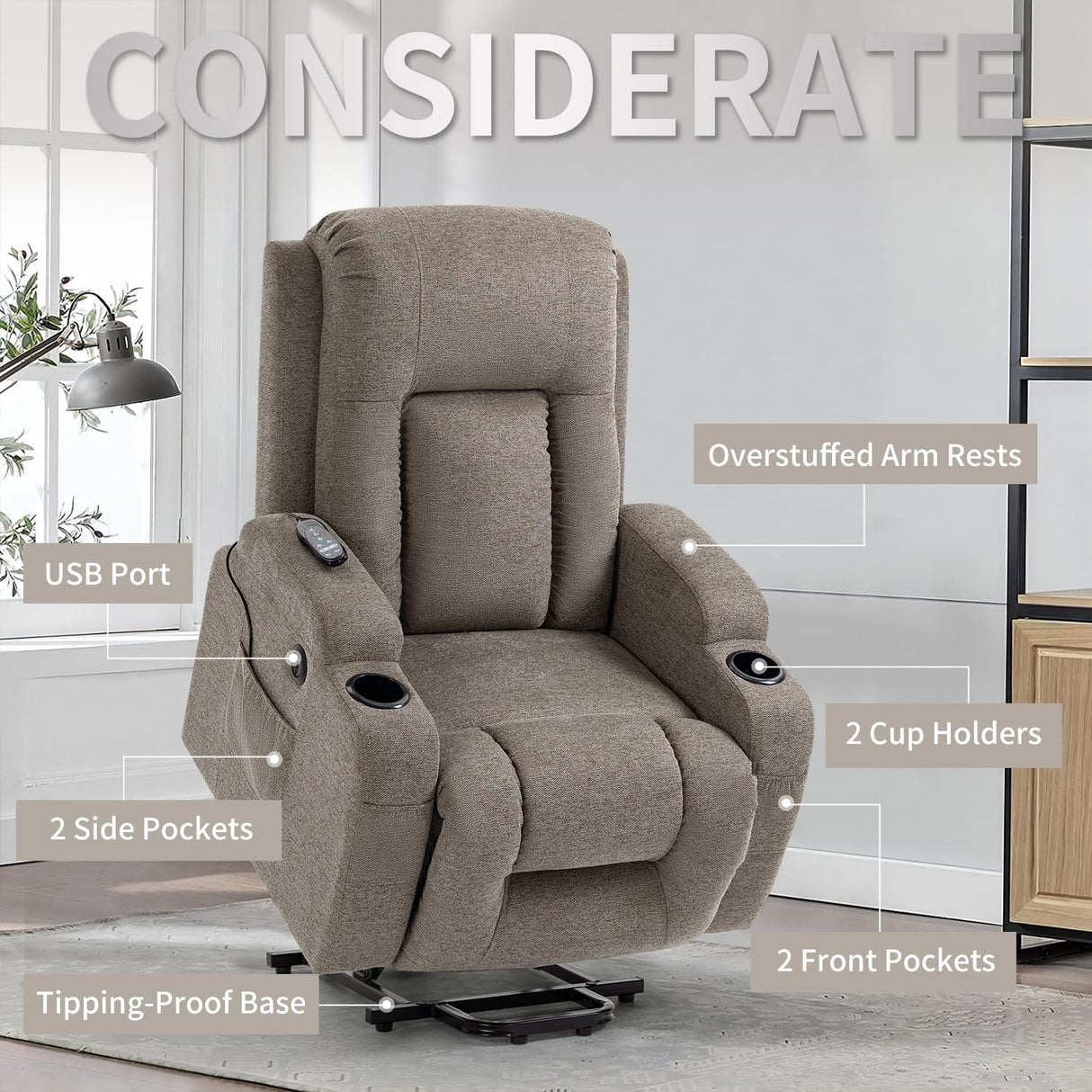 Trustyue Power Lift Recliner Chair with Heat and Massage for Elderly, Electric Recliner Chairs with Standing Assistance, 2 Cup Holders, 4 Pockets, USB Charge Port, Linen Fabric Khaki Trustyue