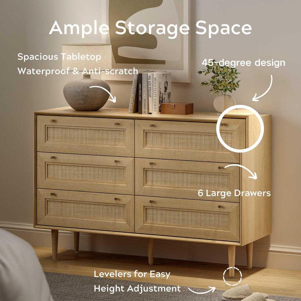 EYYTHUNG Rattan 6 Drawer Dresser, Modern Closet Dressers of Drawers with Natural Rattan, Boho Dresser Chest, TV Stand of Drawers, Wood Storage Drawer Organizer for Bedroom Living Room Entryway Hallway EYYTHUNG