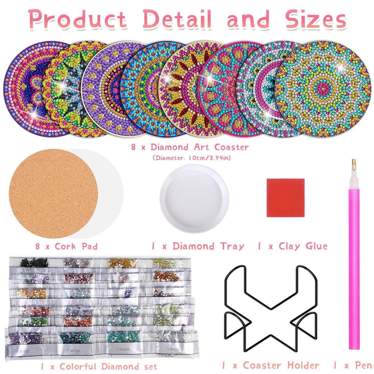 Billbotk Diamond Painting Coasters Kit, 8 Pieces Mandala Diamond Art Coasters with Holder, DIY Diamond Mandala Coasters for Beginners Billbotk