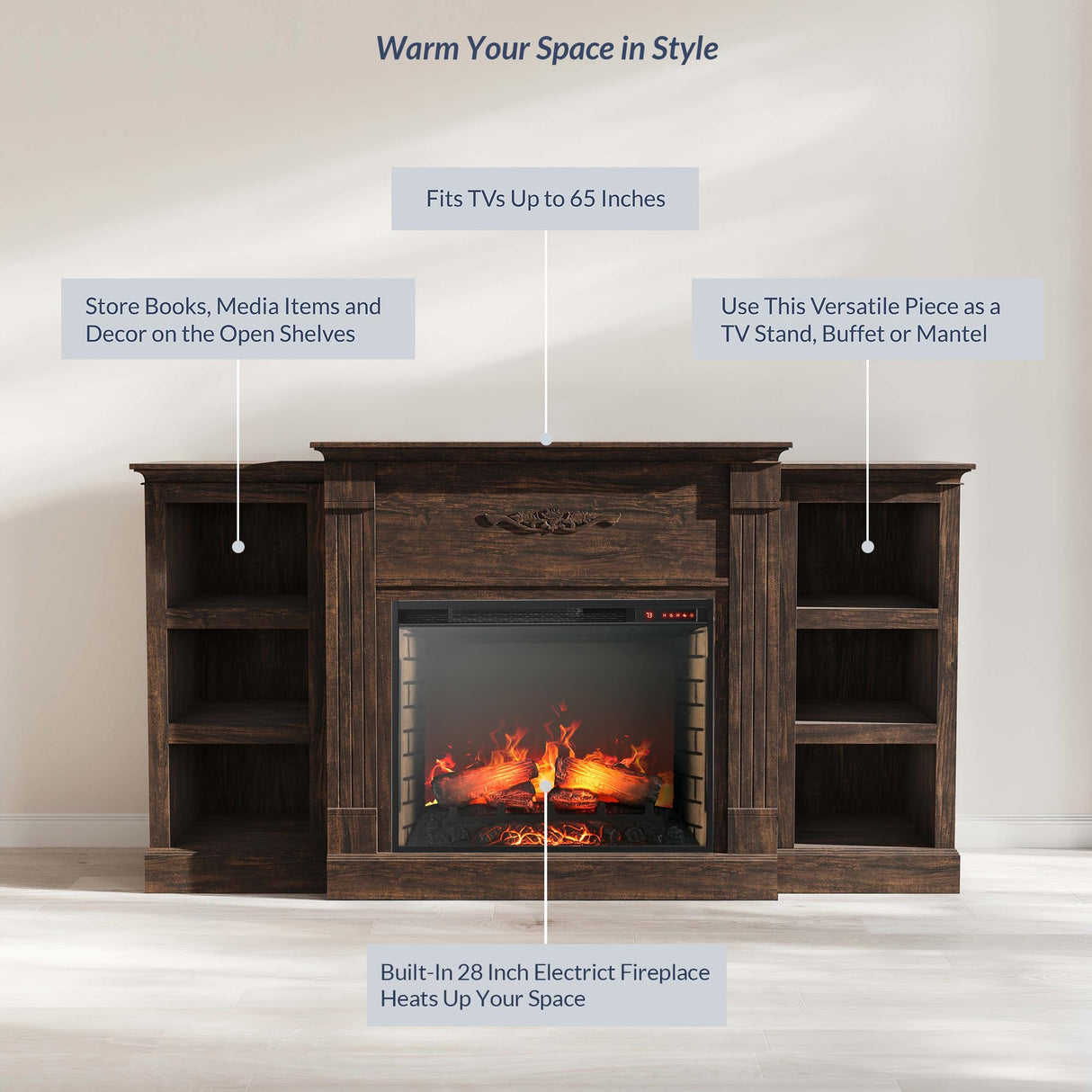 BELLEZE Modern 70" Electric Fireplace Heater Mantel TV Stand & Media Entertainment Center for TVs up to 68" with Energy-Efficient Heater With Sound and Side Book Shelves - Lenore (Brown) BELLEZE