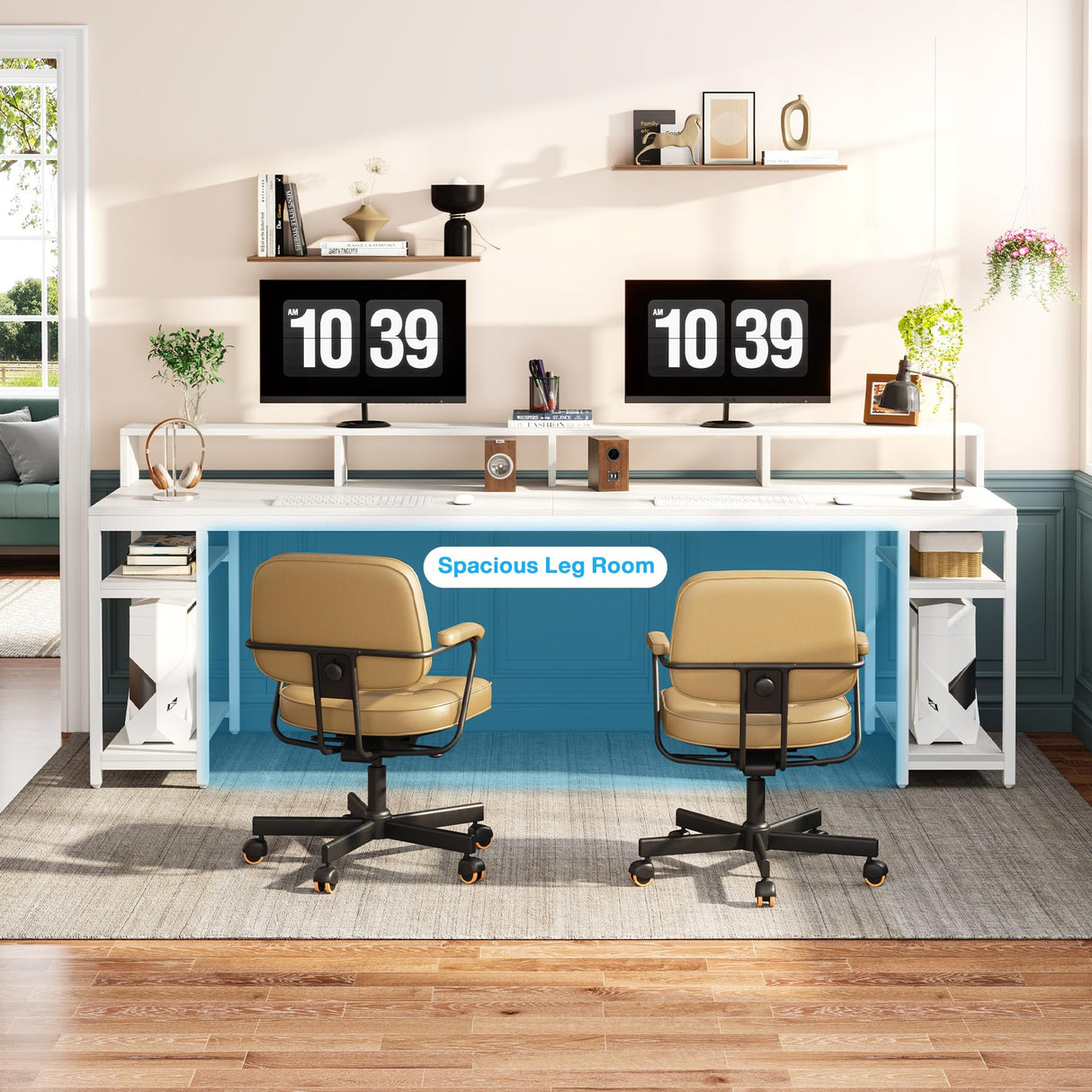 Tribesigns Two Person Desk with Monitor Stand, 78.74" Long Double Computer Office Desk with Storage Shelves, Large Gaming Desk Study Writing Table Workstation for Home Office (White) Tribesigns