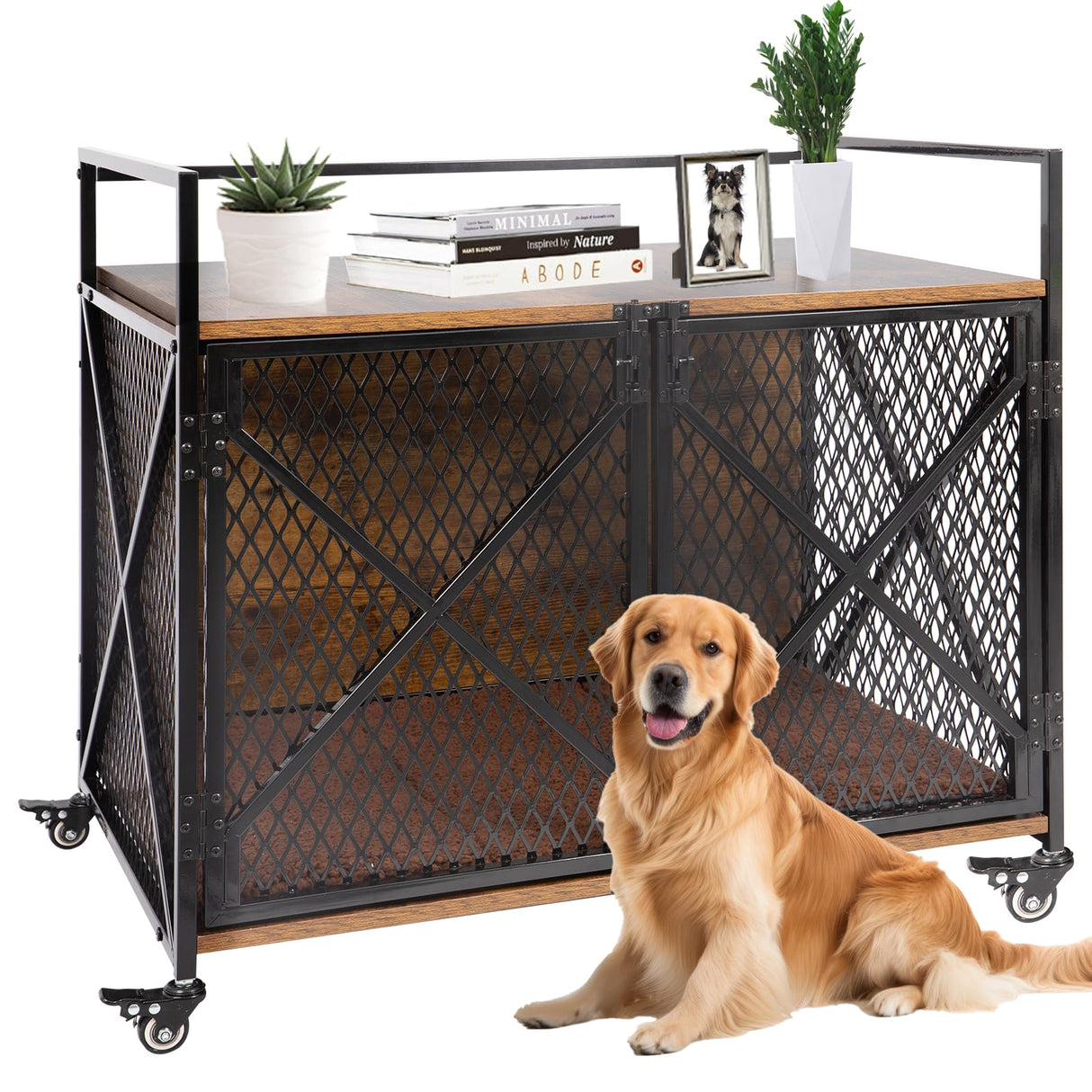 Ketive Dog Crate Furniture with Cushion, 41"L Wooden Dog Crate End Table with Double Doors, Chew-Resistant Dog Kennel Indoor, Heavy Duty Dog Crate with Wheels, Rustic Brown (41"L x 23.6 "W x 35.8 "H) ketive