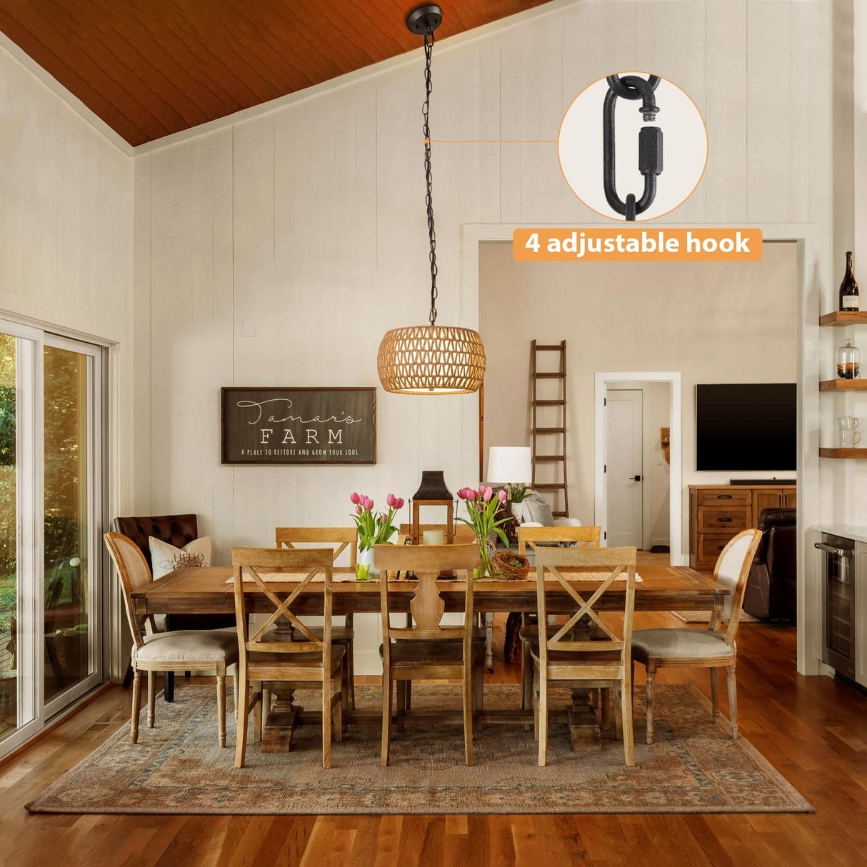SUNLUMI Farmhouse Rattan Chandelier with 2-Tier Wicker and Fabric Shade, 3-Lights Boho Drum Pendant Light Fixture with Adjustable Chain, Hand-Woven Basket Chandeliers for Dining Living Room Kitchen SUNLUMI