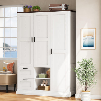IRONCK Armoire Wardrobe Closet with 2 Drawers, 3 Doors, 2 Hanging Rods, Wardrobe Cabinet, Wooden Freestanding Bedroom Closet Cabinet with Adjustable Shelf, Storage Armoire, Rustic White