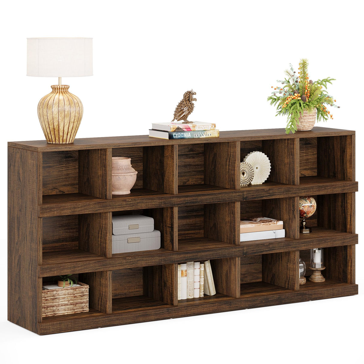 Tribesigns 63-Inch Farmhouse Console Table, 15-Cube Narrow Entryway Table, 4-Tier Wood Behind Couch Sofa Table, All Wood Hallway Table with Storage for Entryway, Foyer, Living Room, Rustic Brown Tribesigns