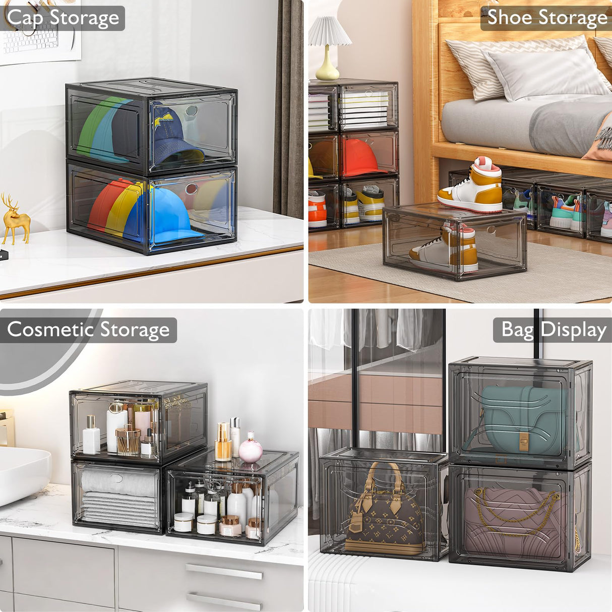 7 code Thicken & Sturdy Clear Shoe Storage Organizer with Magnetic Door, Stackable Boxes for Closet, Foldable Shoe Rack for Sneaker Boot Container, Plastic Shoe Cabinet Shoe Box 6 Pack, Black 7 code