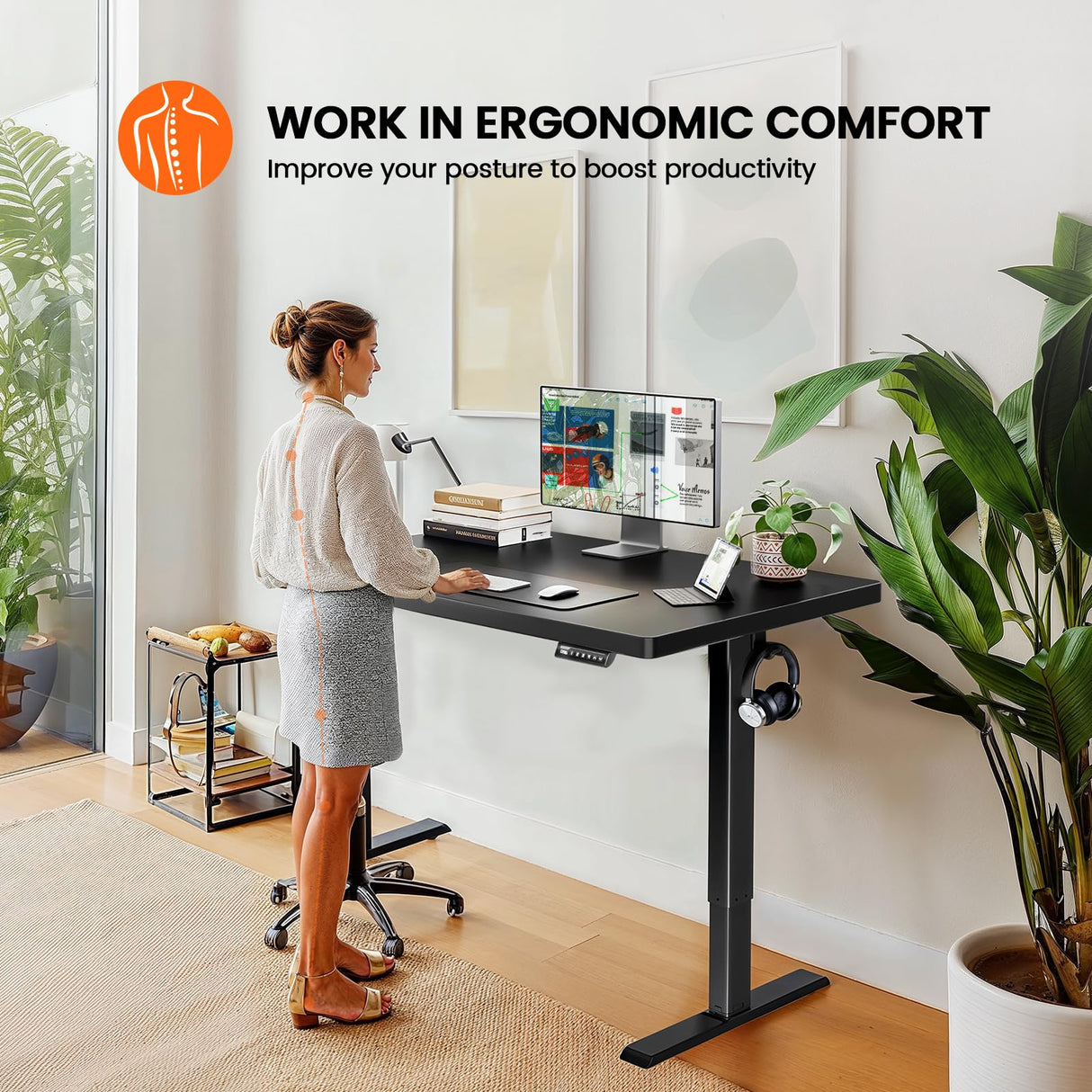 ErGear 40" x 24" Whole Piece Desktop Electric Standing Desk, Thick Height Adjustable Desk with 4 Height Memory, Home Office Computer Table with Cable Management Tray, Black ErGear