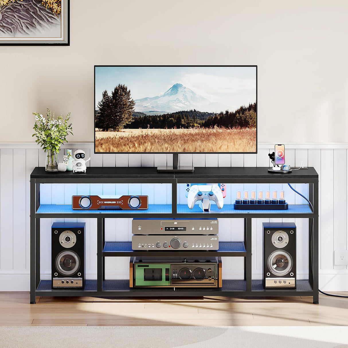 HOOBRO LED TV Stand with Charging Station, 4-Tier Entertainment Gaming Center, Modern Media Console Table, Open Shelves, 55.1"L x 13.8"W x 26.2"H, for TVs up to 65", for Living Room, Black BB47UDDS01 HOOBRO