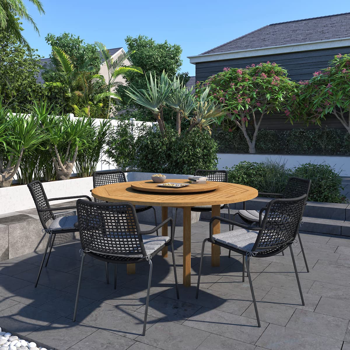 Amazonia Arezzo 7-Piece Outdoor Round Lazy Susan Dining Table Set | Teak Finish | Ideal for Patio and Indoors Amazonia