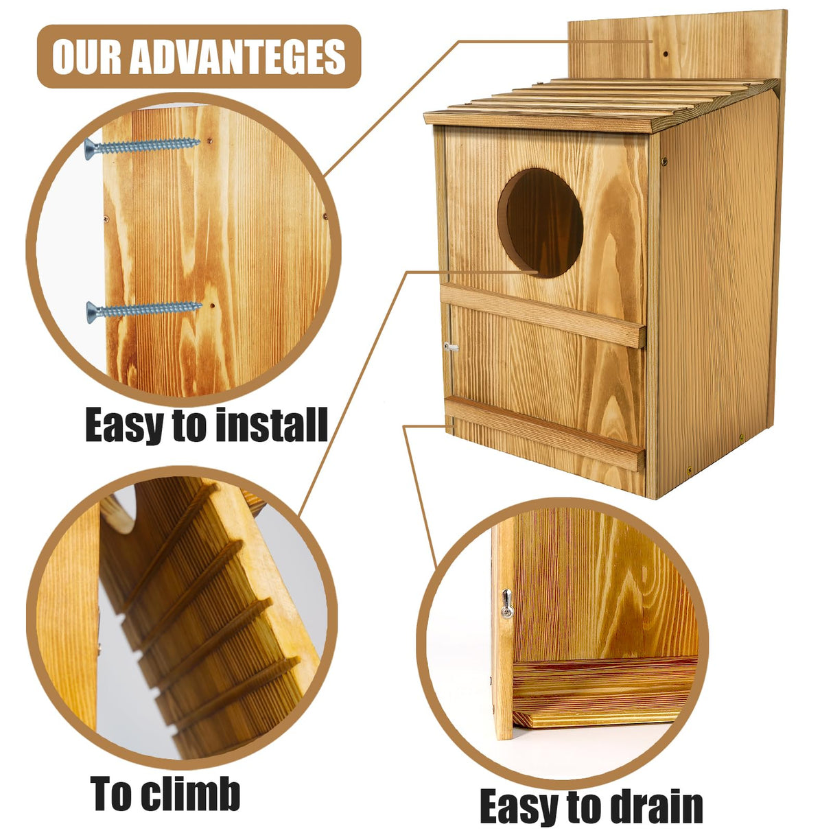 BKISVWCSop Owl House,Wooden Owl Box,Owl Houses for Outdoors, Suitable for Screech Owl Nesting Box and Kestrels, Easy Assembly with Circular Opening, Includes Mounting Screws and Wood Shavings BKISVWCSop
