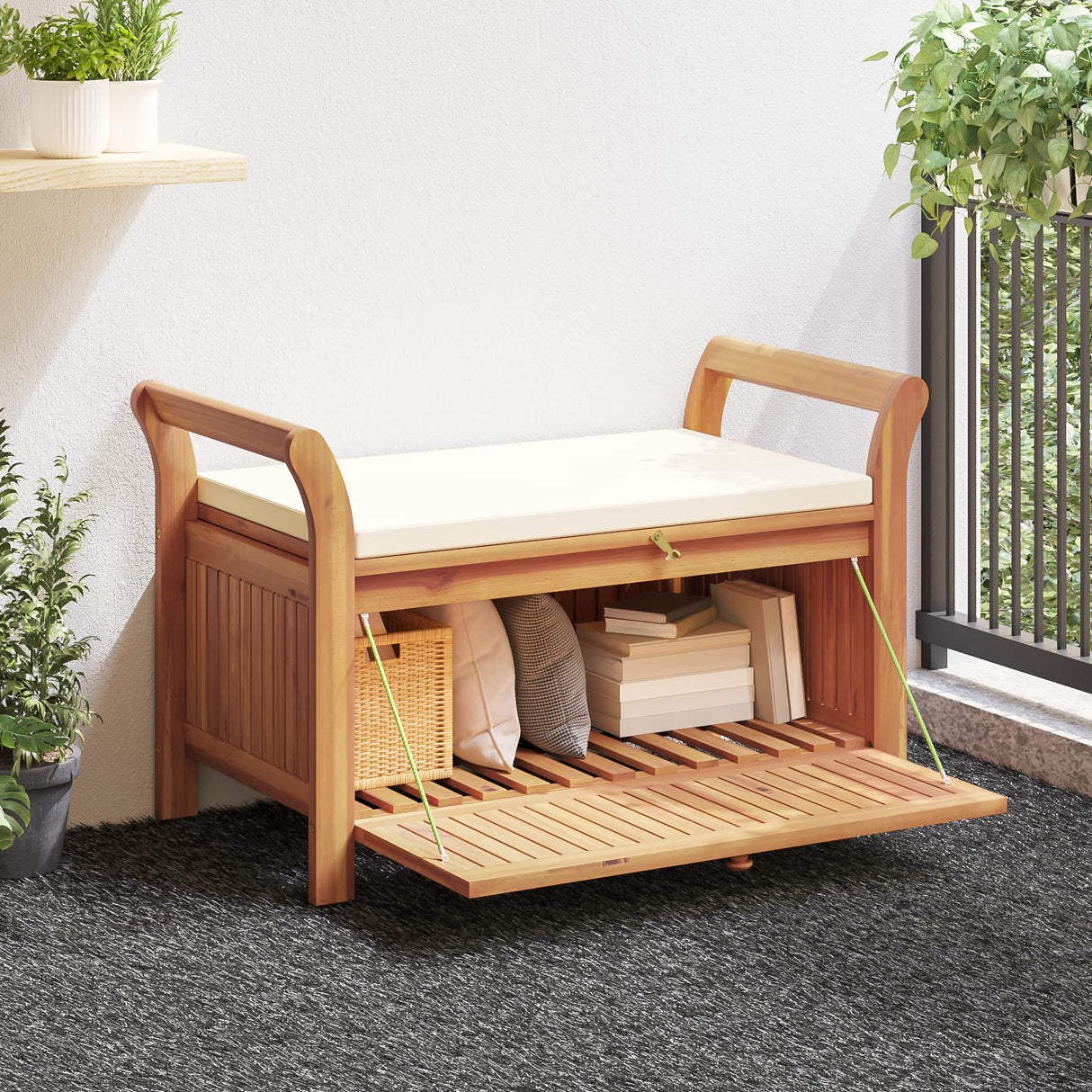 vidaXL Garden Storage Bench, Solid Acacia Wood, White Cushion Included, Classic Outdoor Design, Patio & Garden Seating, 35.8" x 19.7" x 23.6", Patio & Deck Organizer, Durable Wooden Furniture vidaXL