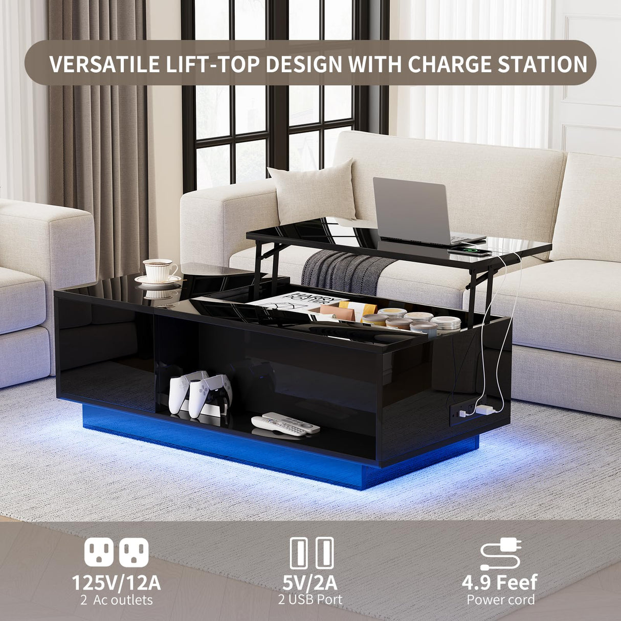 Buenhomino 47" Modern LED Coffee Table with Lift Top, All Black Coffee Table with Storage High Gloss Surface, Hidden Storage with Drawer, Open Shelves, and Built-in Power Outlet for Living Room Buenhomino