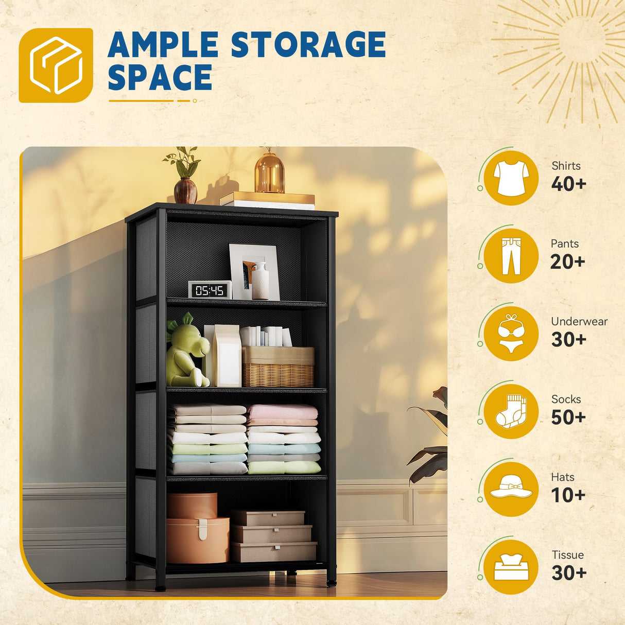 DWVO 4 Drawers Dresser, Dresser for Bedroom, Fabric Storage Tower, Chest of Drawers, Organizer Unit for Closets, Living Room, Sturdy Steel Frame, Wooden Top, Easy Pull Fabric Bins DWVO