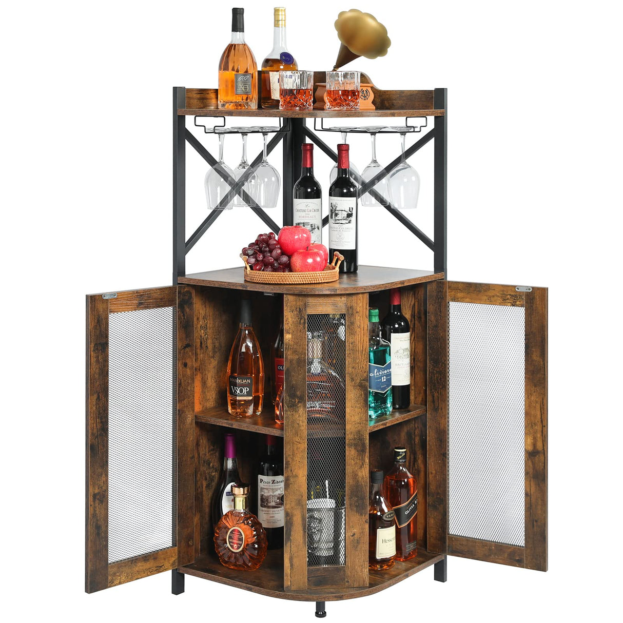 JKsmart Corner Bar Cabinet with Glass Holder, Industrial Wine Cabinet with Mesh Door, Liquor Bar Cabinet with Adjustable Shelf, Home Bar for Liquor and Wine Storage, Rustic Brown JKsmart
