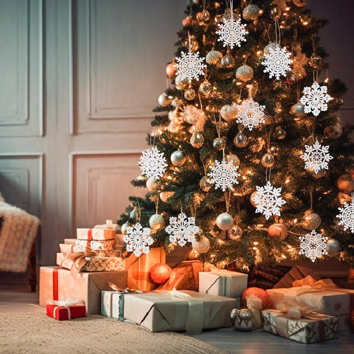 Bazayona 30pcs Wooden Snowflakes Ornaments Rustic Hanging Wood Christmas Tree Snowflake Ornaments Crafts Hollowed Embellishments for Christmas Holiday Decor, 3inch, White Bazayona