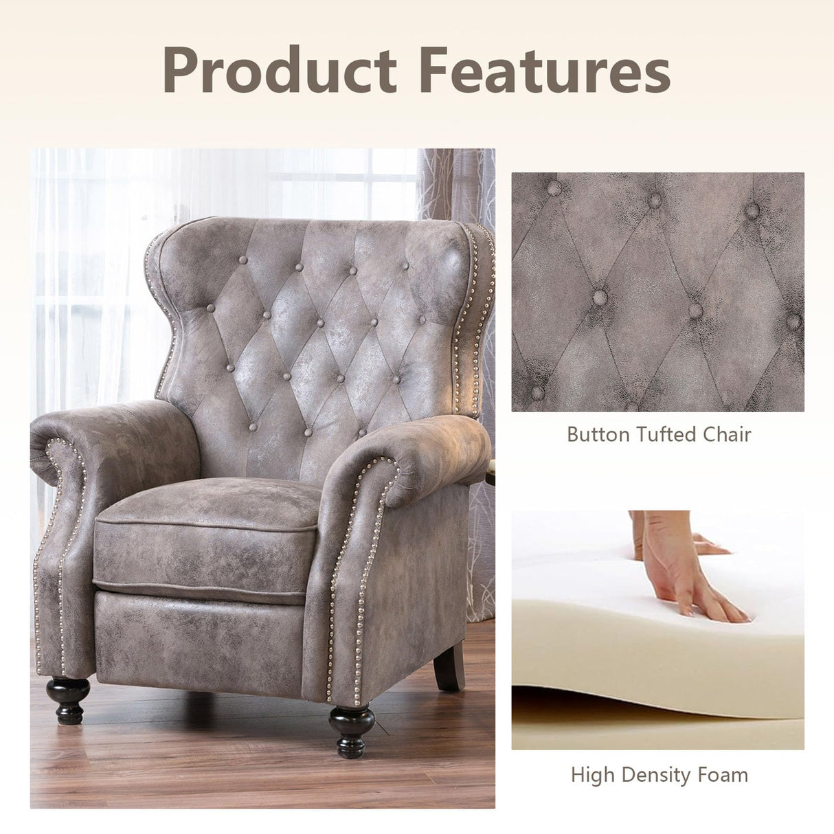 Pushback Recliner Chair, Fabric Armchair Push Back Recliner with Rivet Decoration, Mid Century Wingback Accent Chair for Living Room, Bedroom, Stable Hump Feet (Brown Gray) anwickjeff