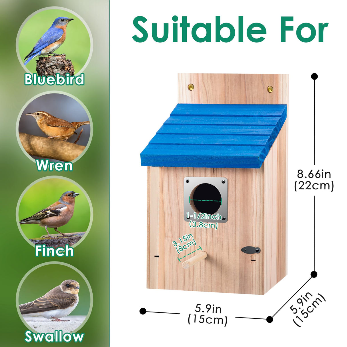 Dreyoo 2 Pack Cedar Bluebird Box Houses for Outside, 1-1/2'' Entrance Hole Wooden Bird Houses with Metal Guard, Secure Latch, Fledgling Grooves, Air Vents for Bluebird Wren Swallow Dreyoo