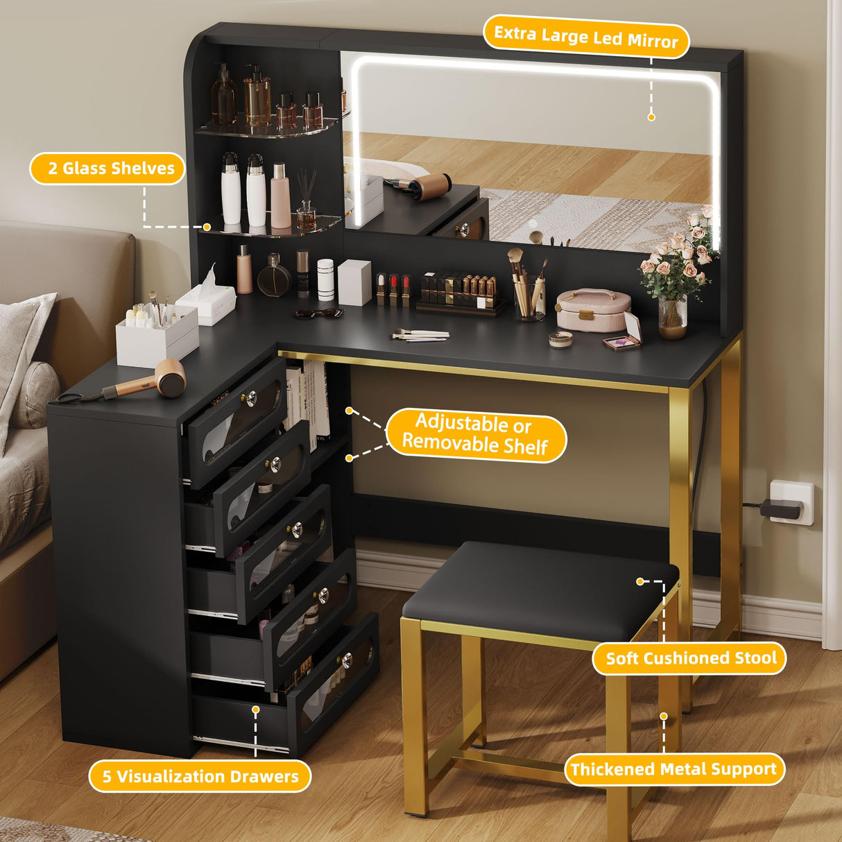 YITAHOME Vanity Desk Set- L Makeup Vanity with Mirror and Lights 3 Lighting Modes, 48" Large Dressing Table with 5 Tempered Glass Drawers with Open Storage Shelves Vanity Table, Black Upgraded YITAHOME