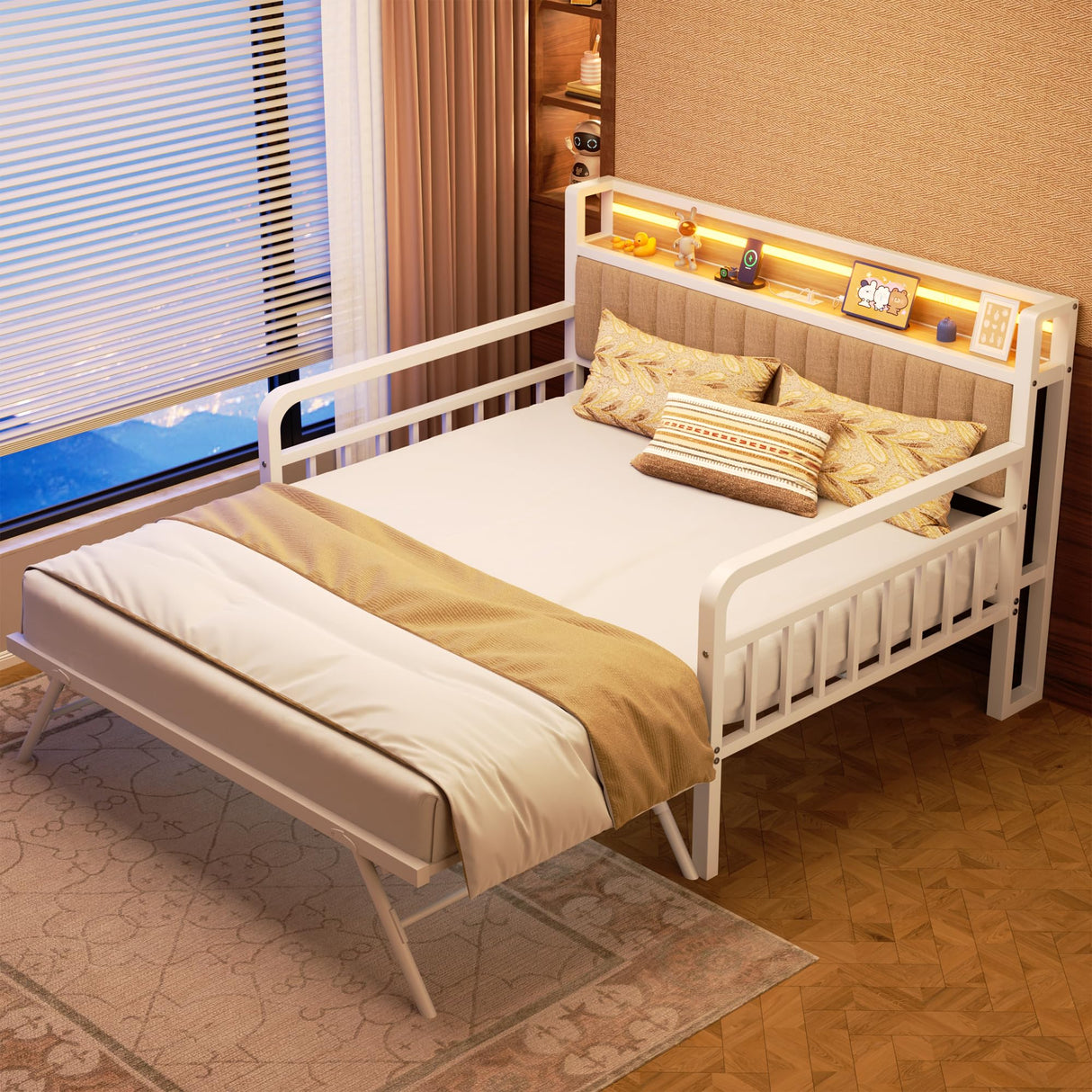 Daybed with Trundle and LED Light, Heavy Duty Metal Full Bed Frame with Upholstered Storage Headboard & Charging Station, Day Bed Pop Up Trundle Bed for Living Room,Bedroom and Guest Room, White Jocoevol