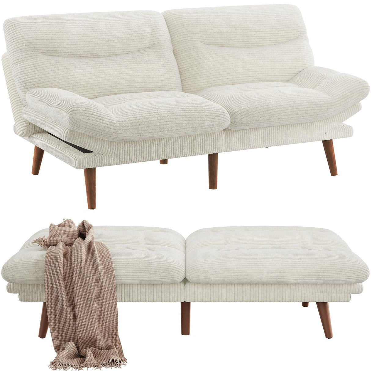 Pipishell Convertible Futon Sofa Couch, Corduroy Futon with Adjustable Backrest and Armrests, Futon Sofa Bed for Small Apartments, Living Room or Office(White) Pipishell