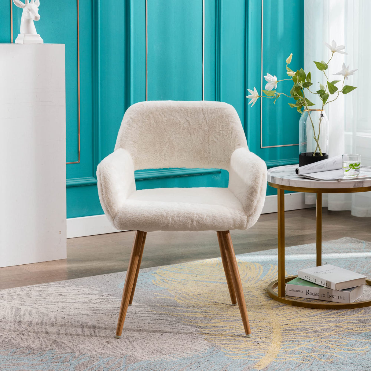 KCC Furry Desk Chair, Mid-Century Modern Accent Comfy Armchair with Faux Fur for Teen Girls, Wood Look Metal Legs Living Dining Room, Home Vanity Makeup Office No Wheel, White. KCC