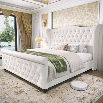 Luxury Queen Size Sleigh Bed Frame with Upholstered Headboard & Footboard,Tufted Chenille Fabric,Sturdy Wood Slat Support,Classic Wingback Design,Cream