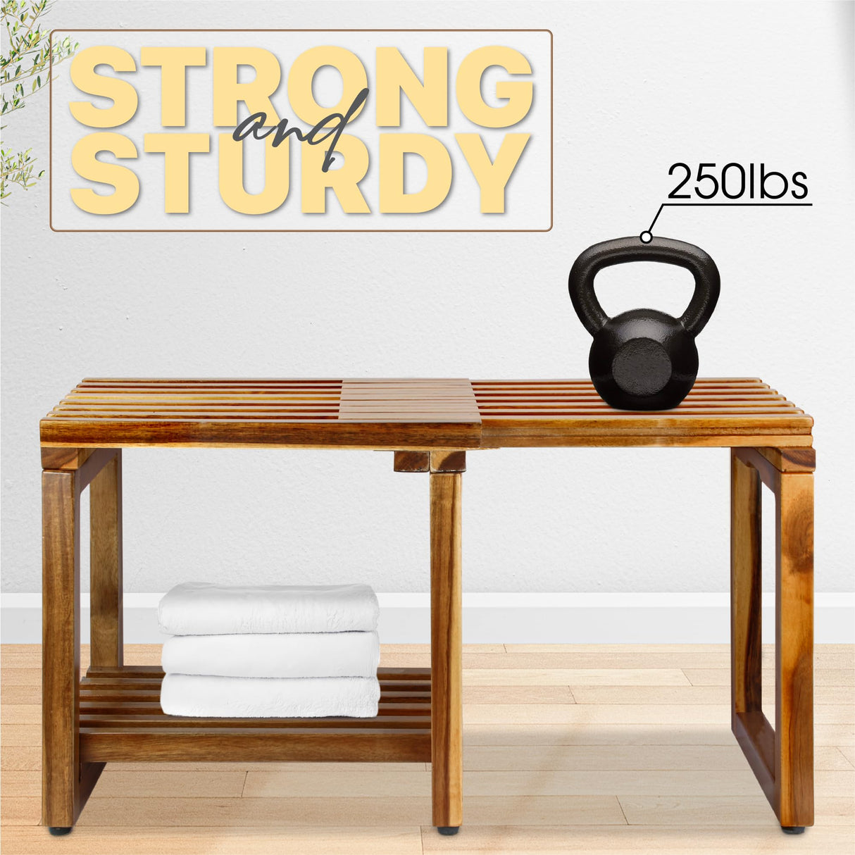 SENSUNIQ Acacia Adjustable Length Shower Stool, 29.5 in Transfer Bench with Storage Shelf, Inside Shower Stool for Shaving Legs, Bath Seat in Bathroom, Inside Shower for Adults Seniors Elderly SENSUNIQ