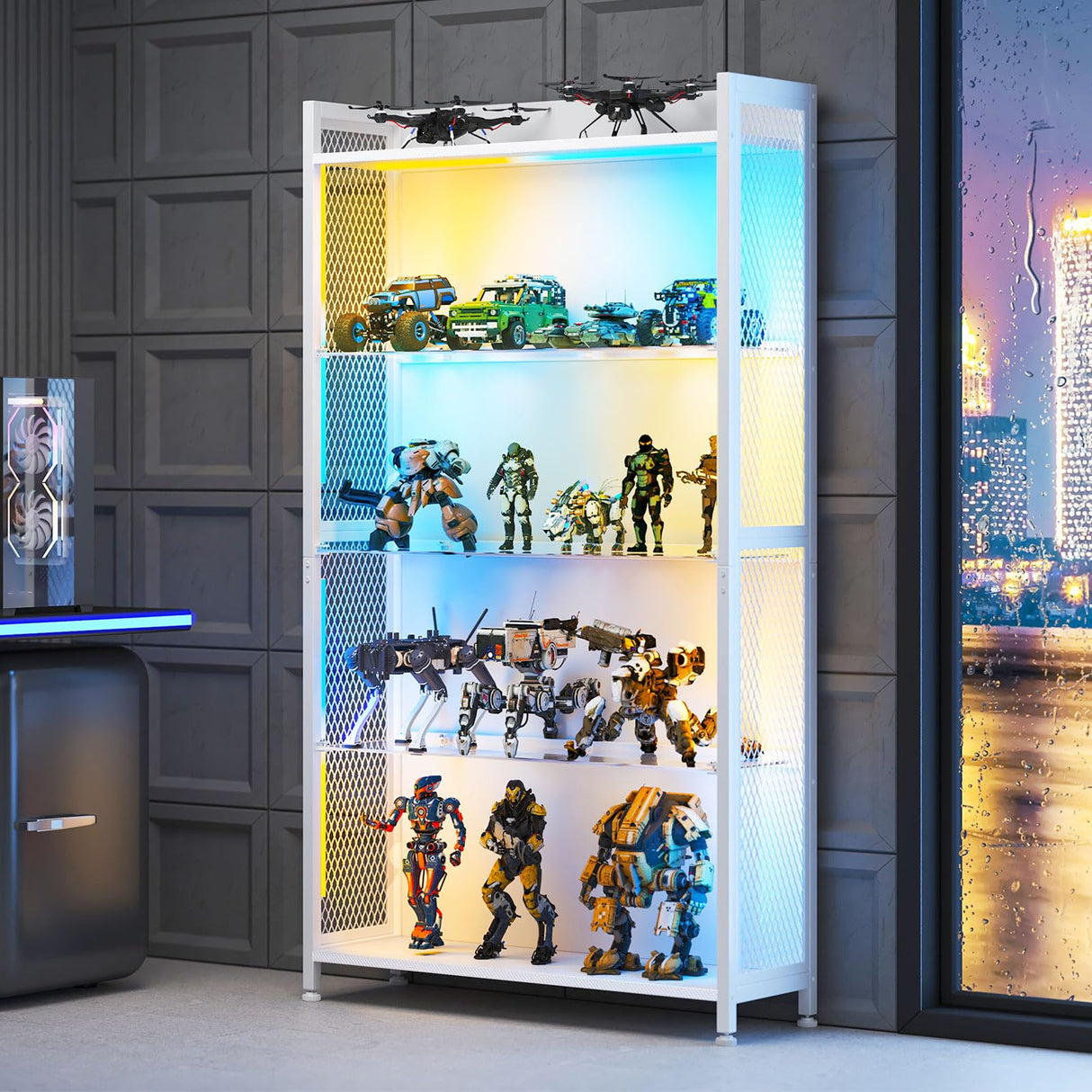 AODK Display Cabinet with LED Lights, Display Case with Glass Storage Shelves, 4-Tiers Curio Cabinet for Collectibles, Display Shelf, White AODK