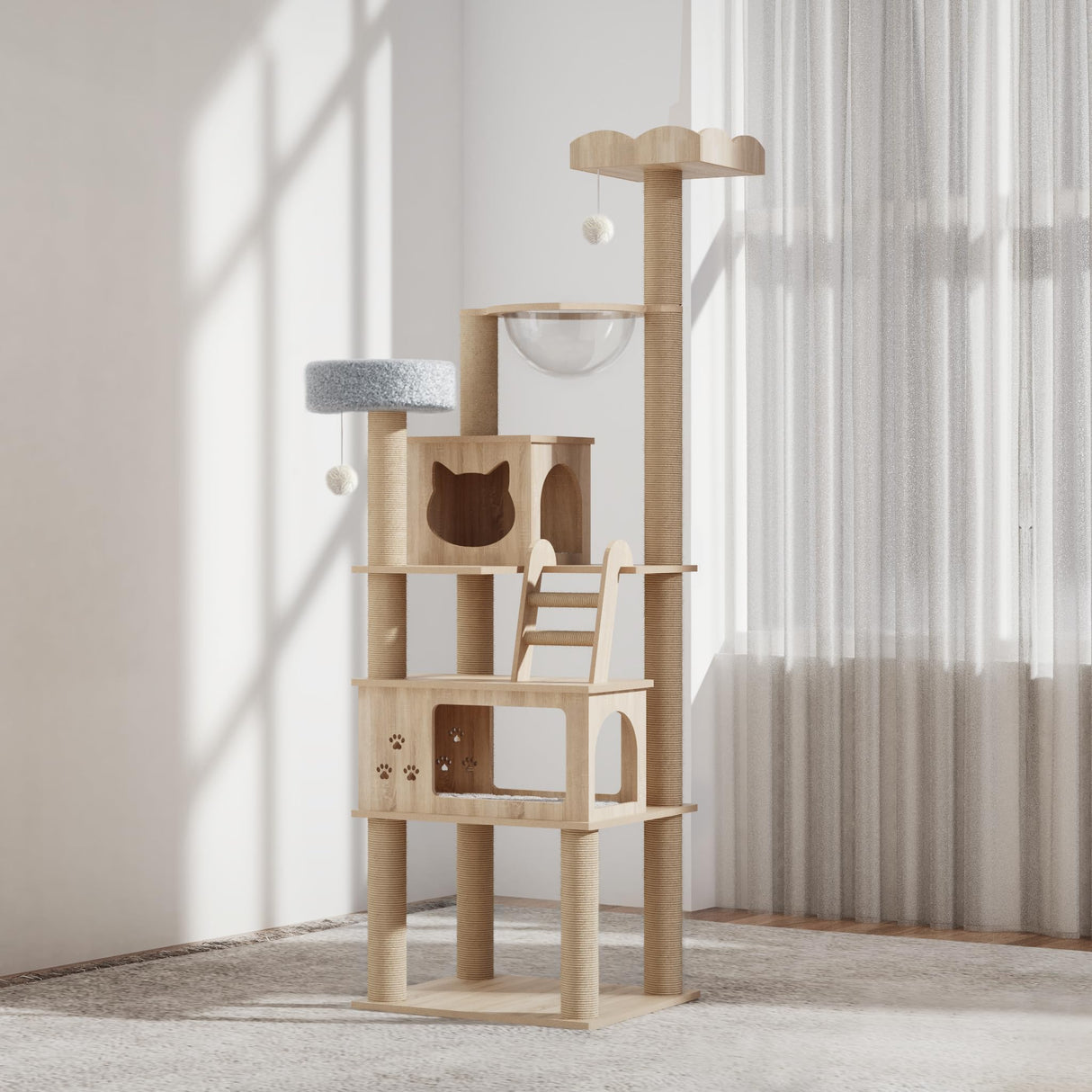 Mondeer Wood Cat Tree for Indoor Cats, 72" Tall Cat Tower for Large Cat with Scratching Post Condos Perches and Capsule Nest Modern (Beige) Mondeer