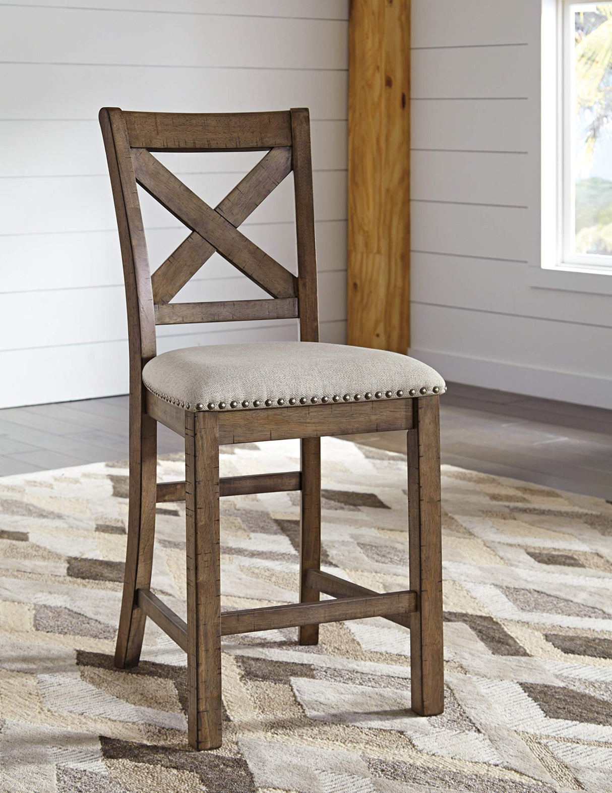 Signature Design by Ashley Moriville Rustic Farmhouse 24.5" Upholstered Barstool, 2 Count, Beige & Brown Signature Design by Ashley