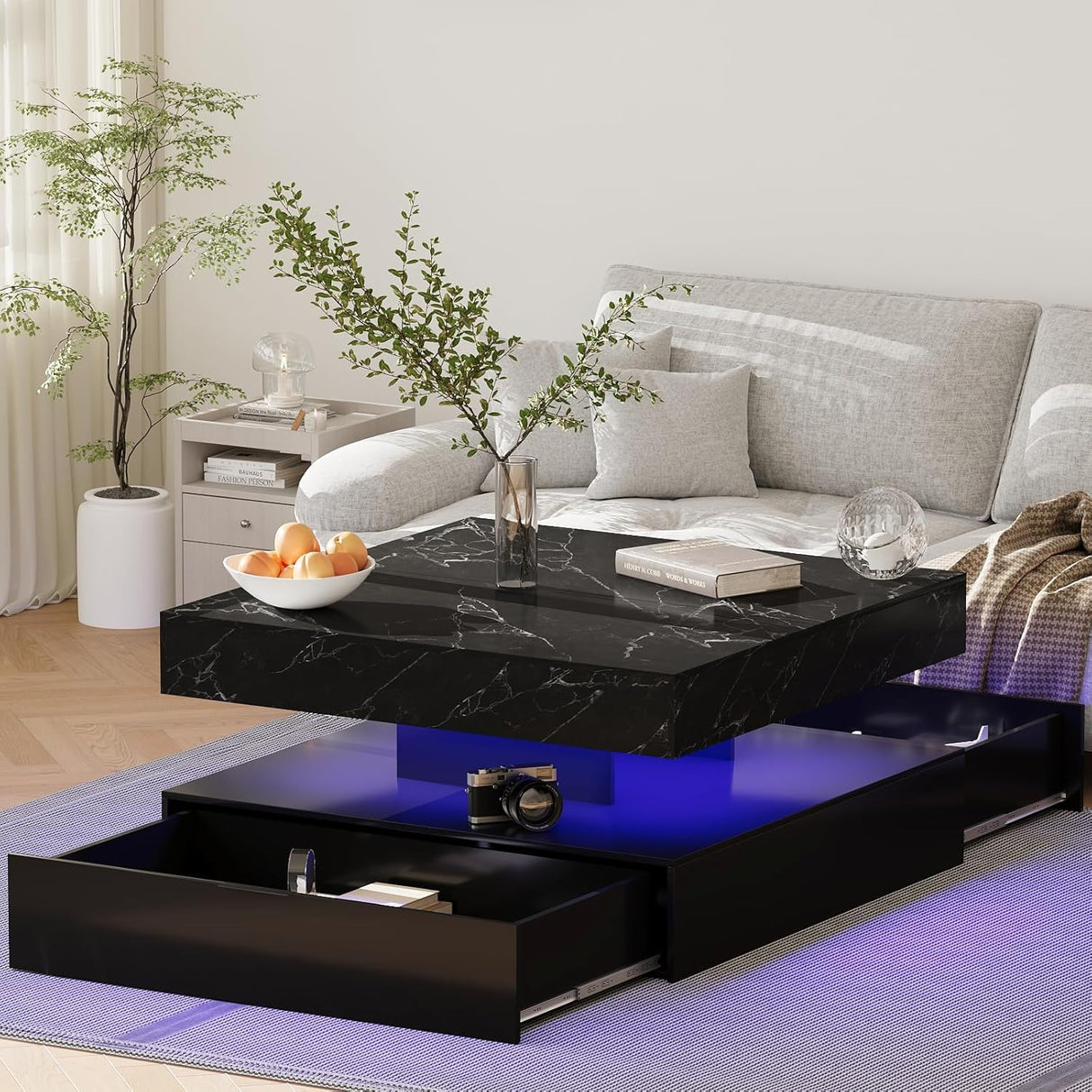 Square Coffee Table with LED Lights – 2-Tier High Gloss Minimalist Design, 30.7-Inch Modern Center Table with Storage and Drawer – Wooden Coffee Table for Living Room, Home, and Office GOFEI