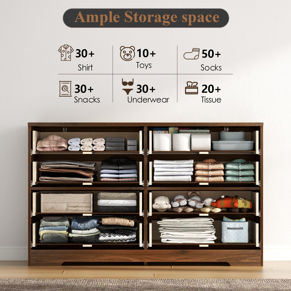 8 Drawer Dresser for Bedroom, Modern Double Dresser, 48" Wide Chest of Drawers with Anti-Tipping & Metal Handles, Mid Century Wooden Storage TV Stand, Closet Dresser for Living Room, Entryway, Walnut Loomie