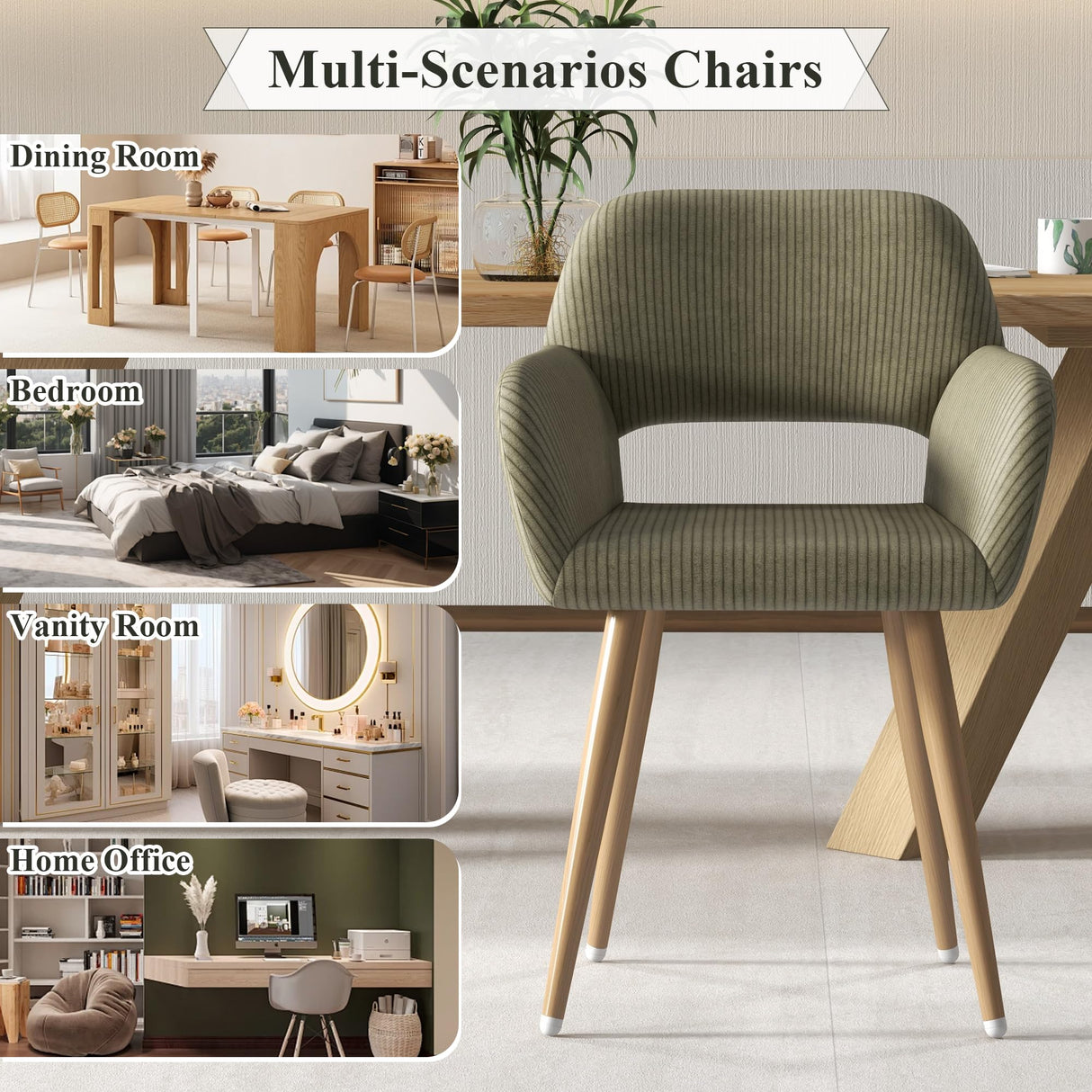 GOOLON Home Office Desk Chair Set of 1, Corduroy Fabric Vanity Chair for Makeup with Hollow Backrest, Comfy Armchair Wood Frame with Strudy Metal Legs, Dark Green GOOLON