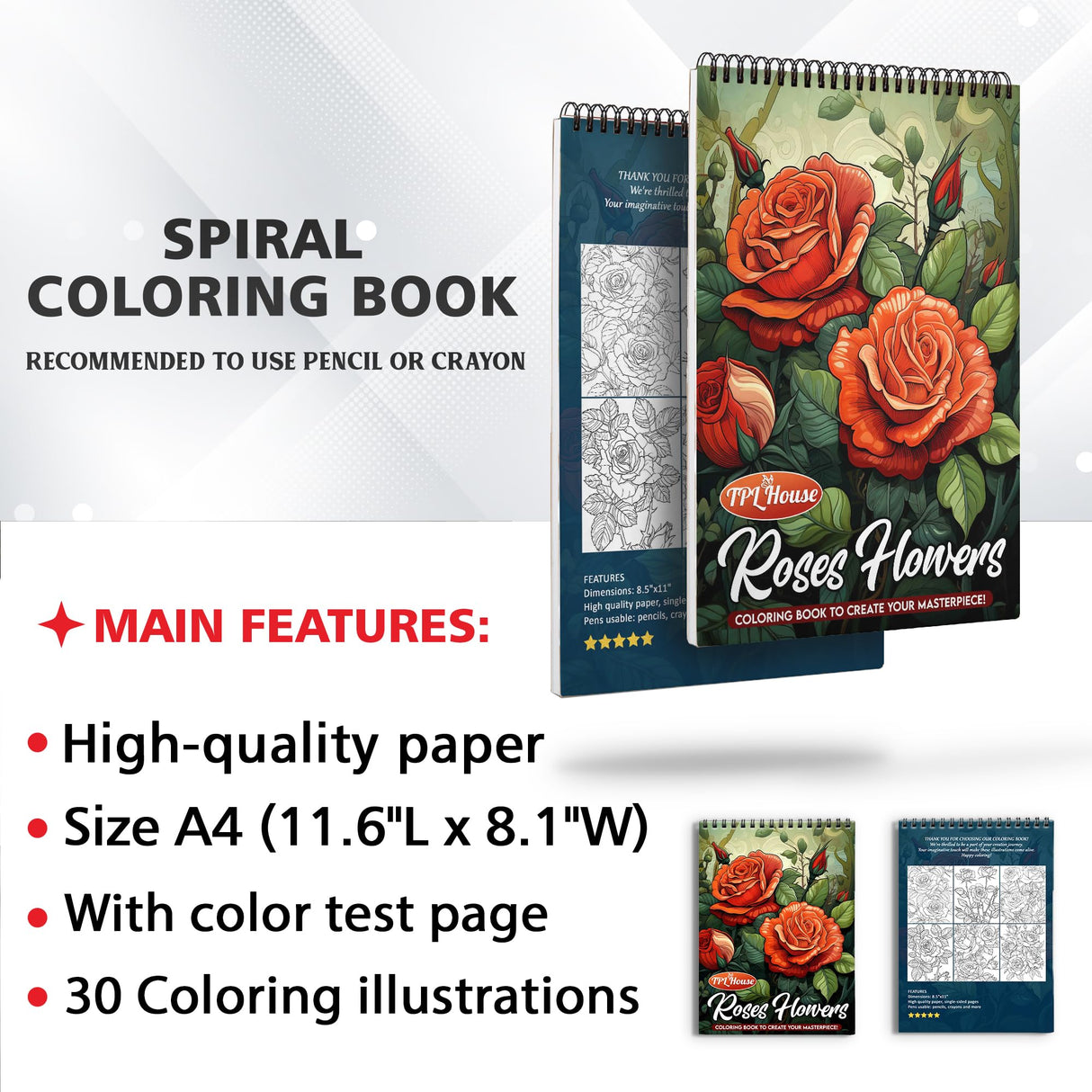 TPLHOUSE Roses Flowers Coloring Book Spiral Bound for Adults, Softcover, 30 Aesthetic Roses Coloring Pages of Charming Garden for Stress Relief and Relaxation TPLHOUSE