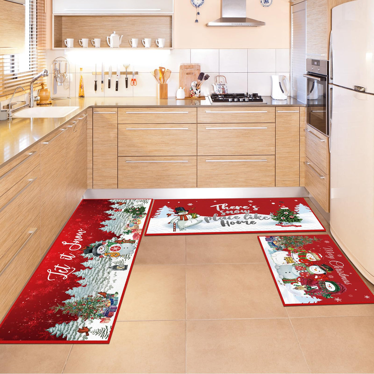 Layhit 3 Pcs Christmas Kitchen Rug and Mat Set Christmas Absorbent Anti Fatigue Winter Bathroom Mat Non Slip Washable Rug for Xmas Party Kitchen Decor 20'' x 59'' + 20'' x 47'' + 20'' x 32''(Snowman) Layhit