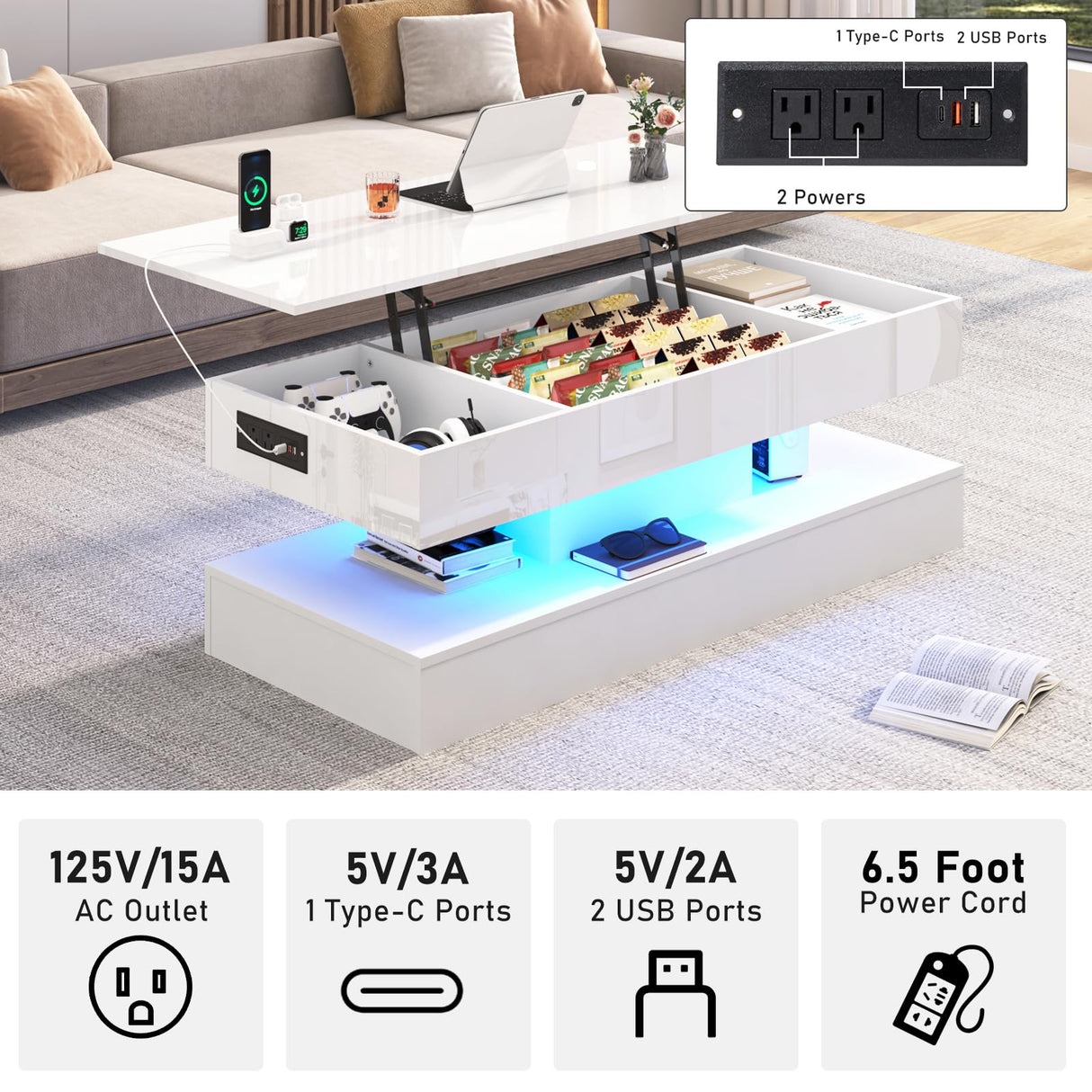 47.2" Large Lift Top Coffee Table,Modern High Glossy LED Coffee Tables for Living Room with Storage,Black Living Room Tables for Living Room,Dining Room,Bedroom Home Office,APP LED Lights(White) chartustriable
