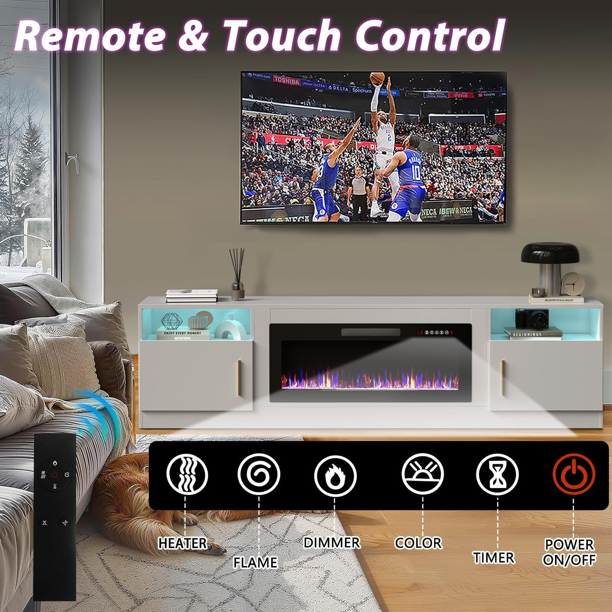 TAVATA Fireplace TV Stand with 36" Fireplace,80" TV Stand with LED Light for TVs Up to 85",Entertainment Center Console Table with Highlight Storage Cabinets (White) TAVATA