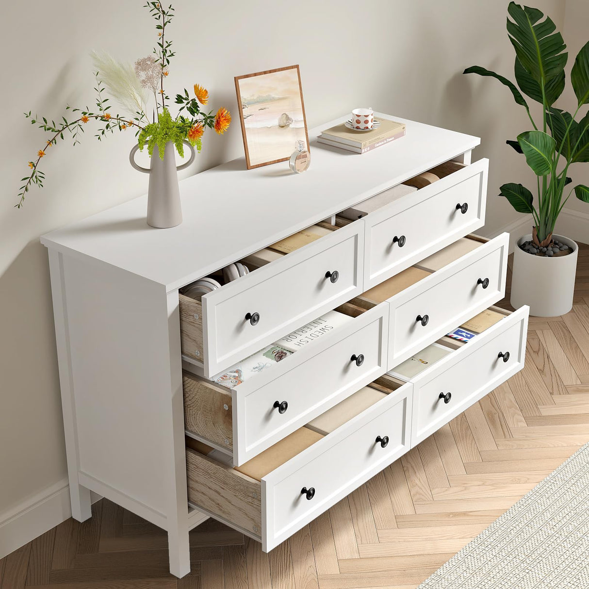 LYNSOM White Dresser for Bedroom, Modern 6 Drawer Double Dresser with Deep Drawer and Metal Handle, Wood Dressers & Chests of Drawers for Hallway, Entryway LYNSOM