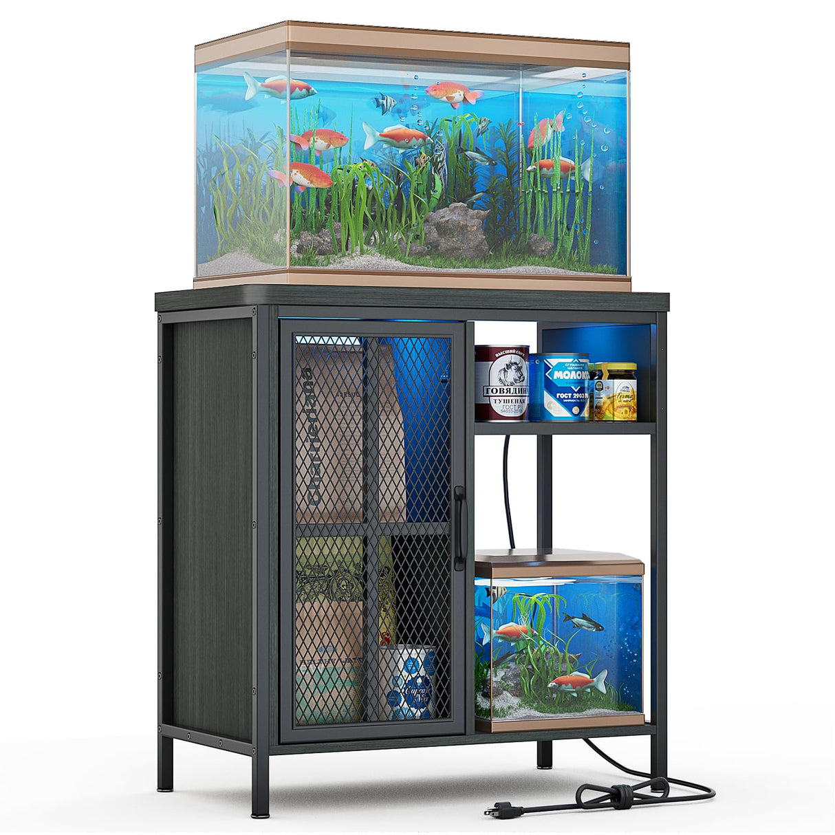 HAIOOU 20-29 Gallon Aquarium Stand with LED Light & Power Outlets, Cross Design Metal Frame Fish Tank Stand Aquarium Table with Cabinet Storage for Turtle Tank Reptile Terrarium, 360LBS Loads - Black HAIOOU