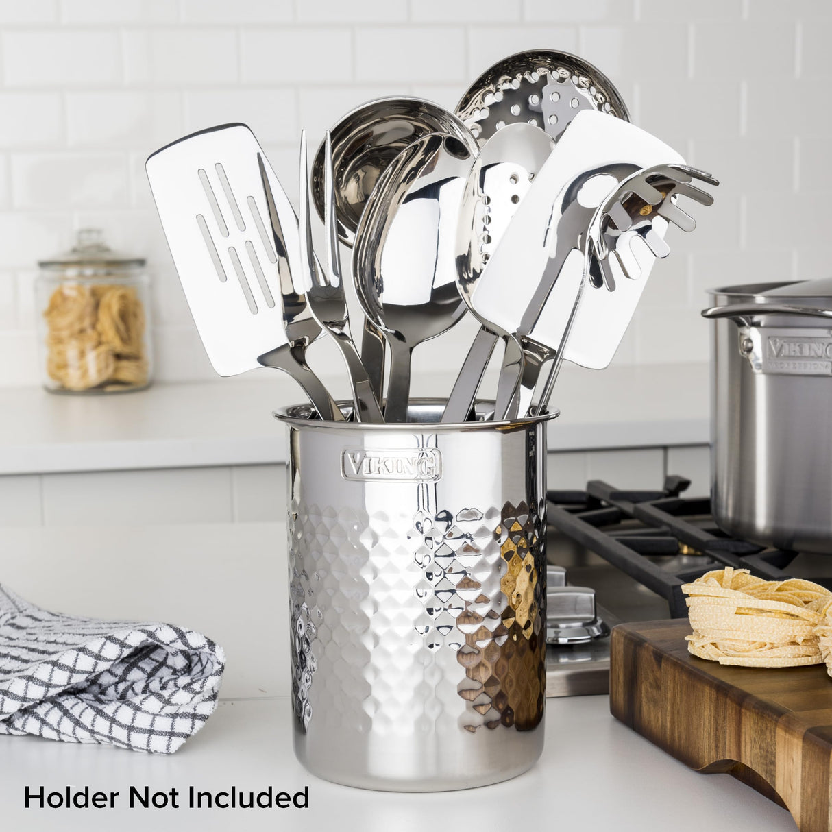 Viking Kitchen Utensils Set, 8 Piece Stainless Steel Cooking Utensil Set, Includes Spatulas, Spoons, Pasta Fork, Deep Ladle, Meat Fork, and Skimmer, Silver Viking